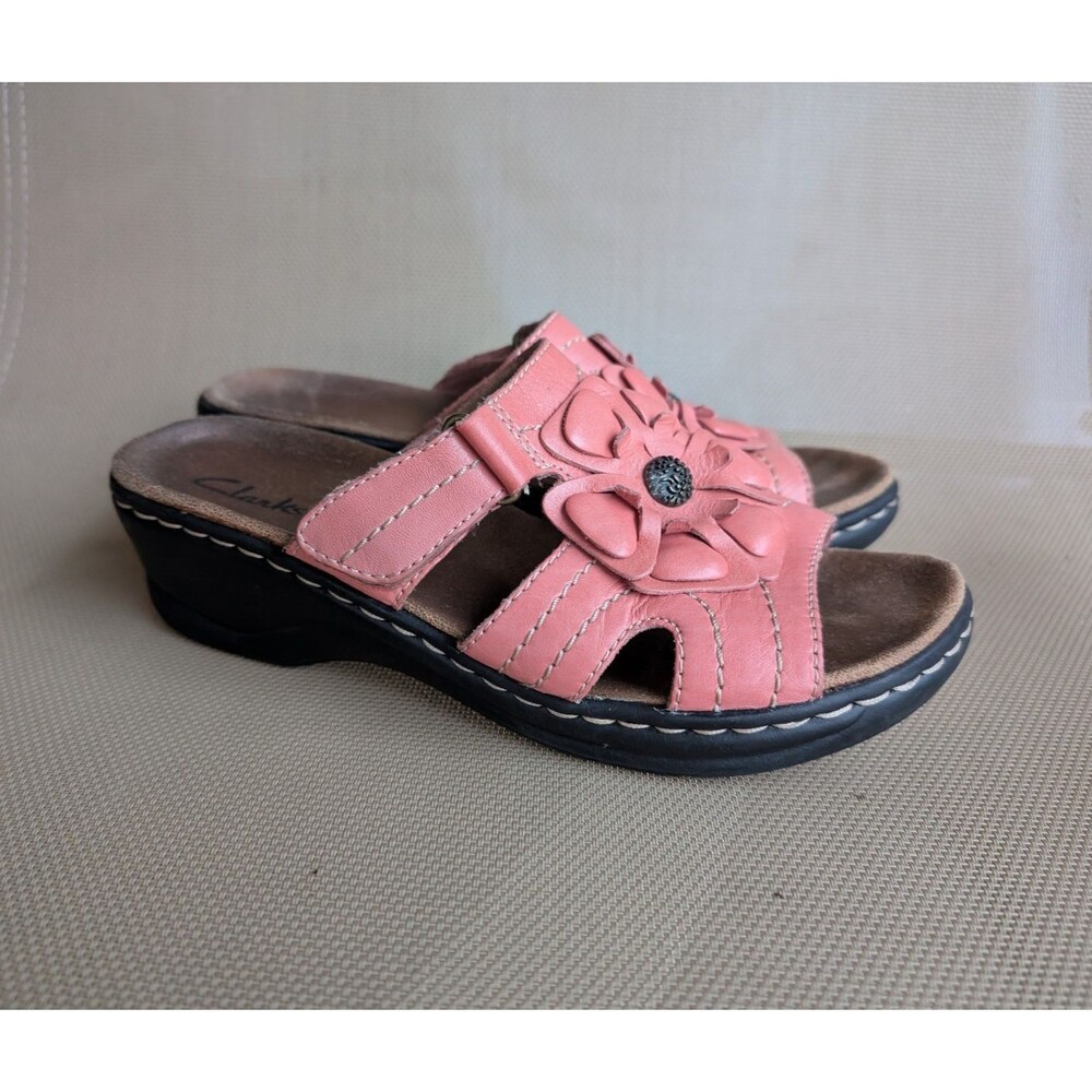 Clarks Merliah Raelyn Coral Floral Wedge Leather Sandals Slip On Womens Size 6.5